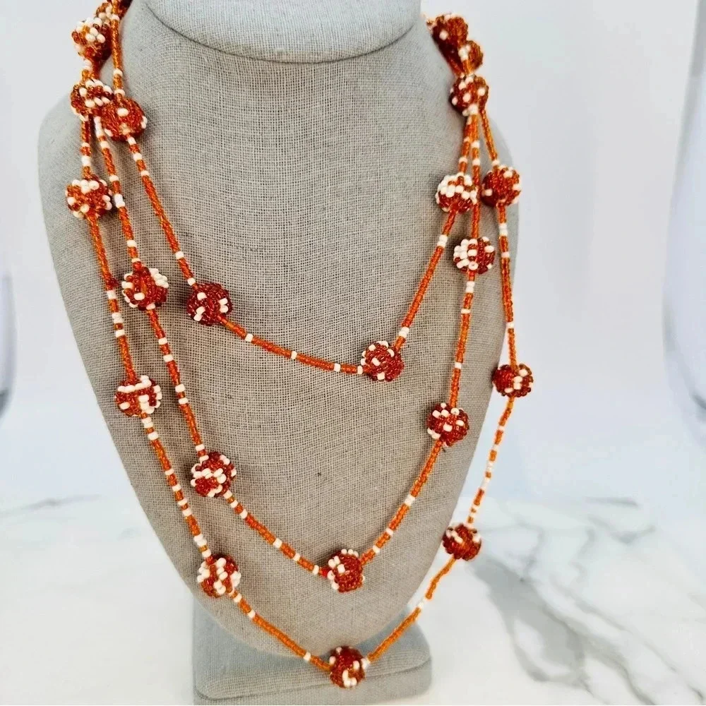 Vintage Beaded Station Necklace Very Long 62” Burnt Orange Polka Dot Est…